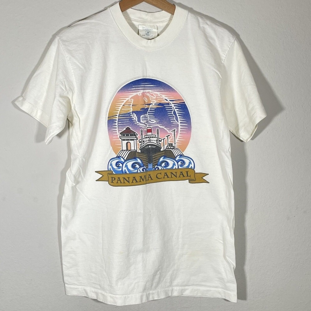 VTG Holland America Panama Canal White Cotton Graphic Vacation SS T Shirt Sz Med